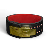 DEEP BLACK Powerlifting Belt with Gold Lever - Stand out with this luxurious belt featuring a gold lever buckle. The black leather exterior and red interior offer superior support and unmatched style for elite lifters.