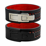 Two StealthPRO Weightlifting Belts on display | Powerlifting belt featuring adjustable lever buckle. This belt offers superior support and a sleek black leather exterior with red suede interiors, perfect for powerlifting and serious weight training.