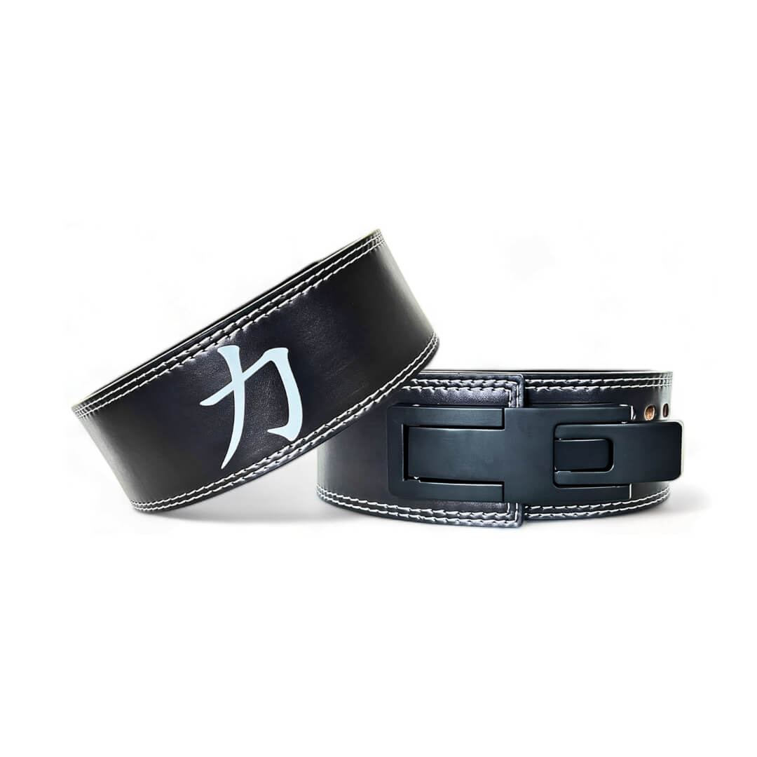 Paired view of the 'STRENGTH' PRO SERIES Weightlifting Belt showing the kanji for strength and the lever buckle | This lifting belt combines high-quality materials and ergonomic design to enhance lifting performance.