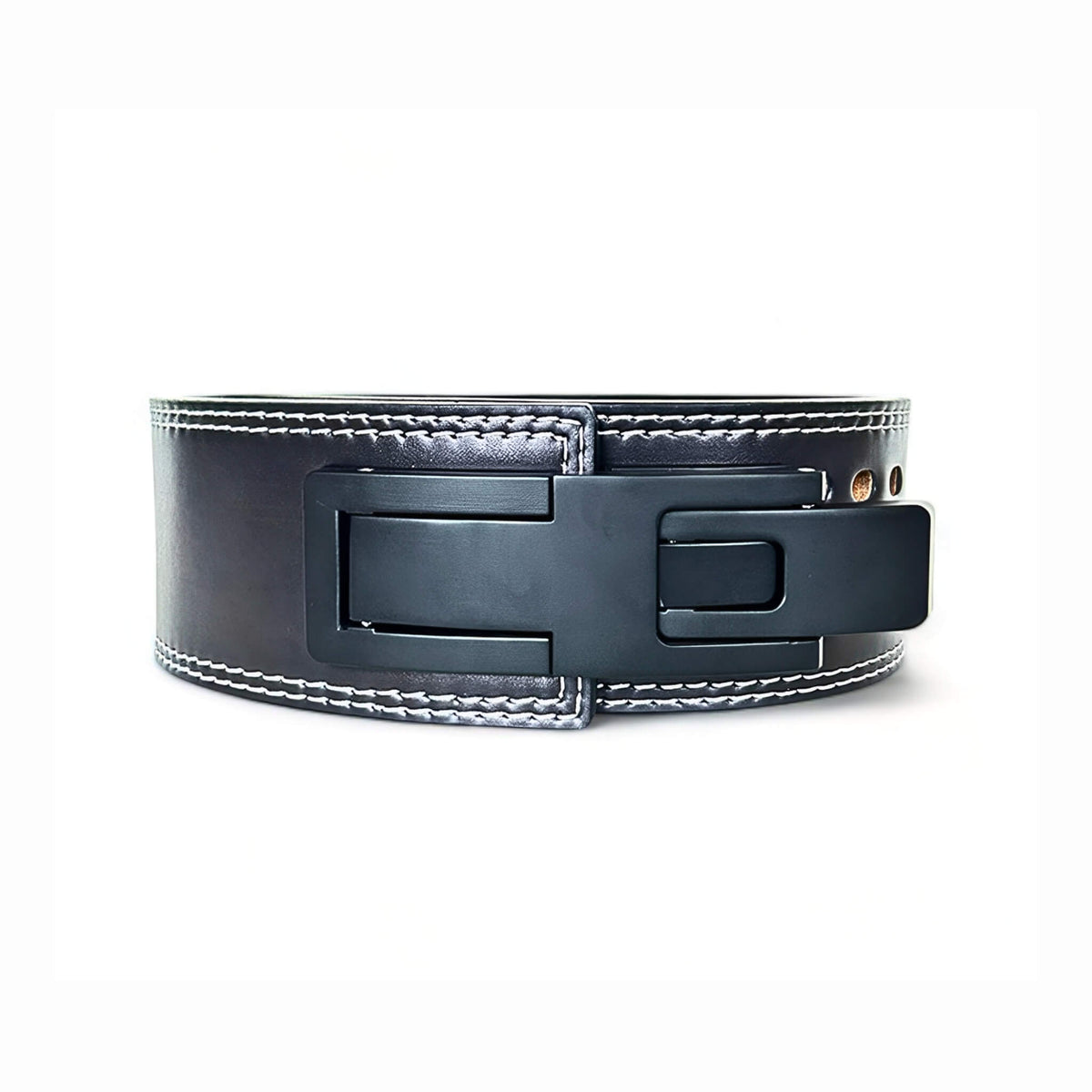 Front view of the 'STRENGTH' PRO SERIES Powerlifting Belt showcasing the kanji for strength. The belt is made from premium black leather with white stitching, designed for ultimate support in weightlifting and powerlifting.