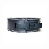 Front view of the 'STRENGTH' PRO SERIES Powerlifting Belt showcasing the kanji for strength. The belt is made from premium black leather with white stitching, designed for ultimate support in weightlifting and powerlifting.