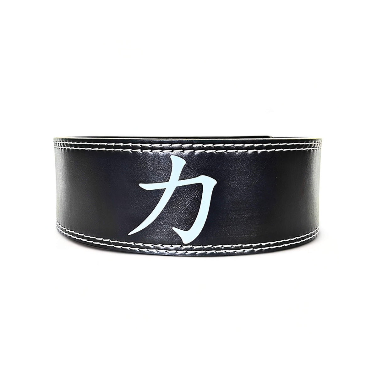 Back view of the 'STRENGTH' PRO SERIES Powerlifting Belt showcasing the kanji for strength. The belt is made from premium black leather with white stitching, designed for ultimate support in weightlifting and powerlifting.