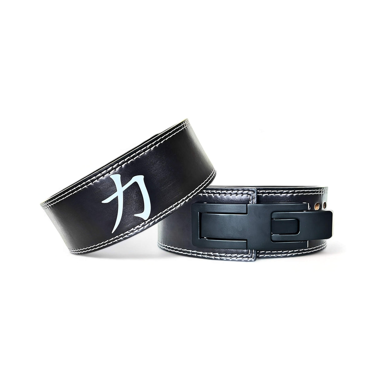 Paired view of the 'STRENGTH' PRO SERIES Powerlifting Belt showing the kanji for strength and the lever buckle. This belt combines high-quality materials and ergonomic design to enhance lifting performance.