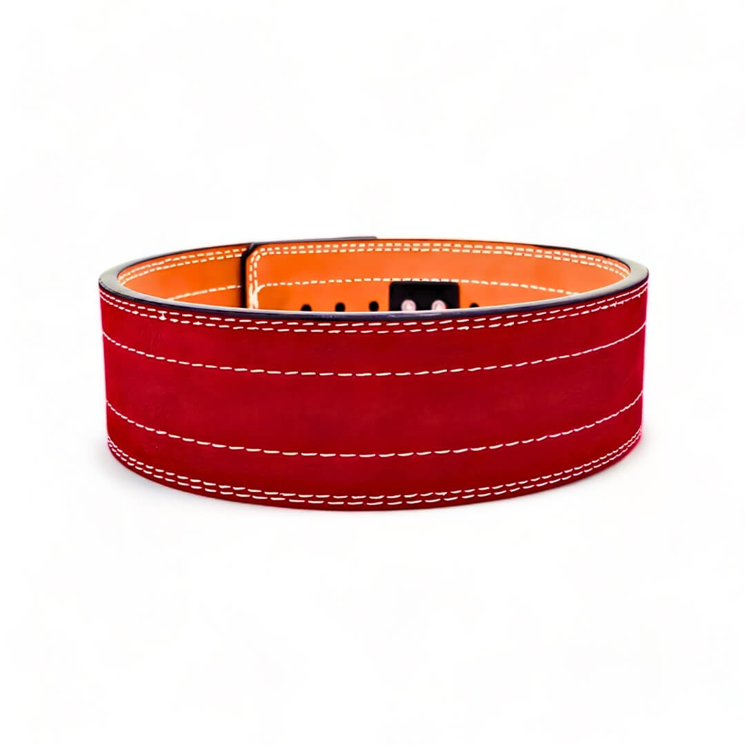 Rear view of red 10mm "TITAN" - PIONEER LEVER BELT | Weightlifting belt with pioneer adjustable lever for powerlifting