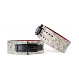 Urban Camo Weightlifting Belt on display | Powerlifting belt featuring adjustable lever buckle. This belt offers superior support and a sleek black leather exterior with red suede interiors, perfect for powerlifting and serious weight training.