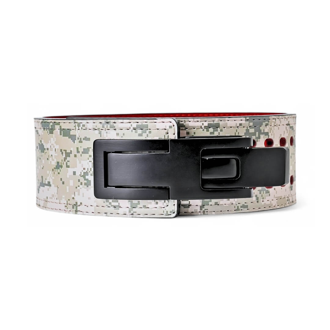 Front view of urban camo Weightlifting Belts on display with black lever buckle | Powerlifting belt featuring adjustable lever buckle. This belt offers superior support and a sleek black leather exterior with red suede interiors, perfect for powerlifting and serious weight training.