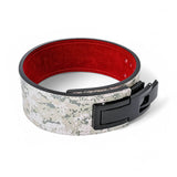 Top view of urban camo Weightlifting Belts on display with black lever buckle | Powerlifting belt featuring adjustable lever buckle. This belt offers superior support and a sleek black leather exterior with red suede interiors, perfect for powerlifting and serious weight training.