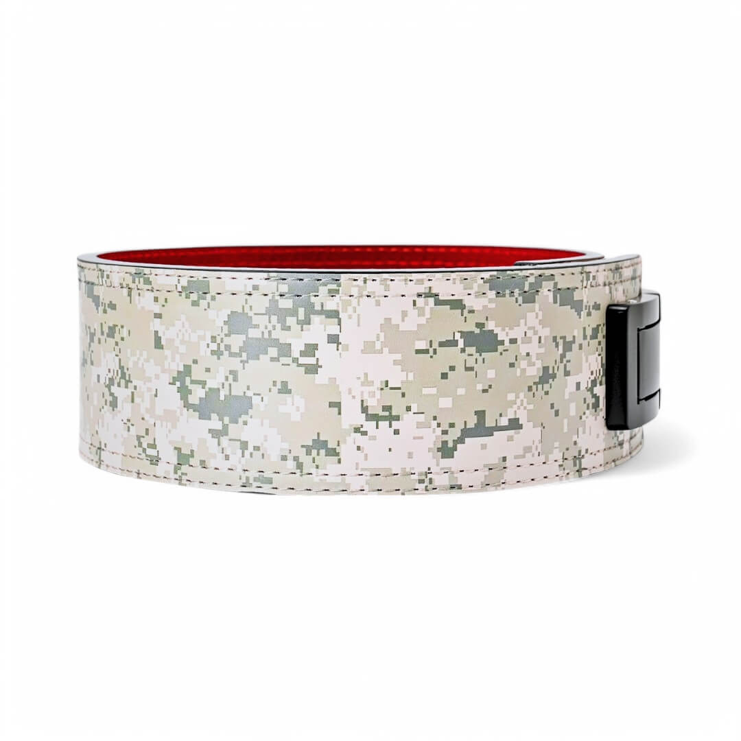 Rear view of urban camo Weightlifting Belts on display with black lever buckle | Powerlifting belt featuring adjustable lever buckle. This belt offers superior support and a sleek black leather exterior with red suede interiors, perfect for powerlifting and serious weight training.