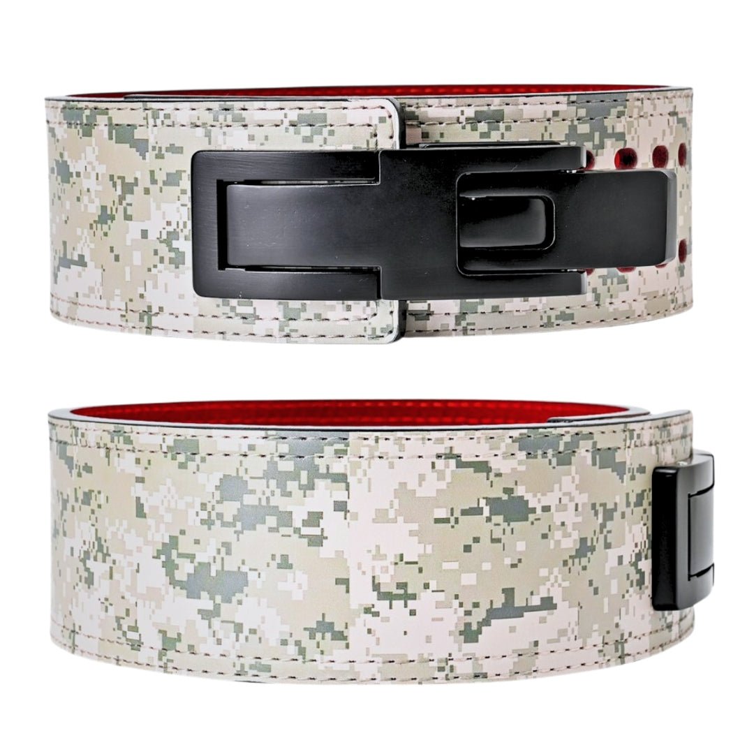 Two urban camo Weightlifting Belts on display | Powerlifting belt featuring adjustable lever buckle. This belt offers superior support and a sleek black leather exterior with red suede interiors, perfect for powerlifting and serious weight training.