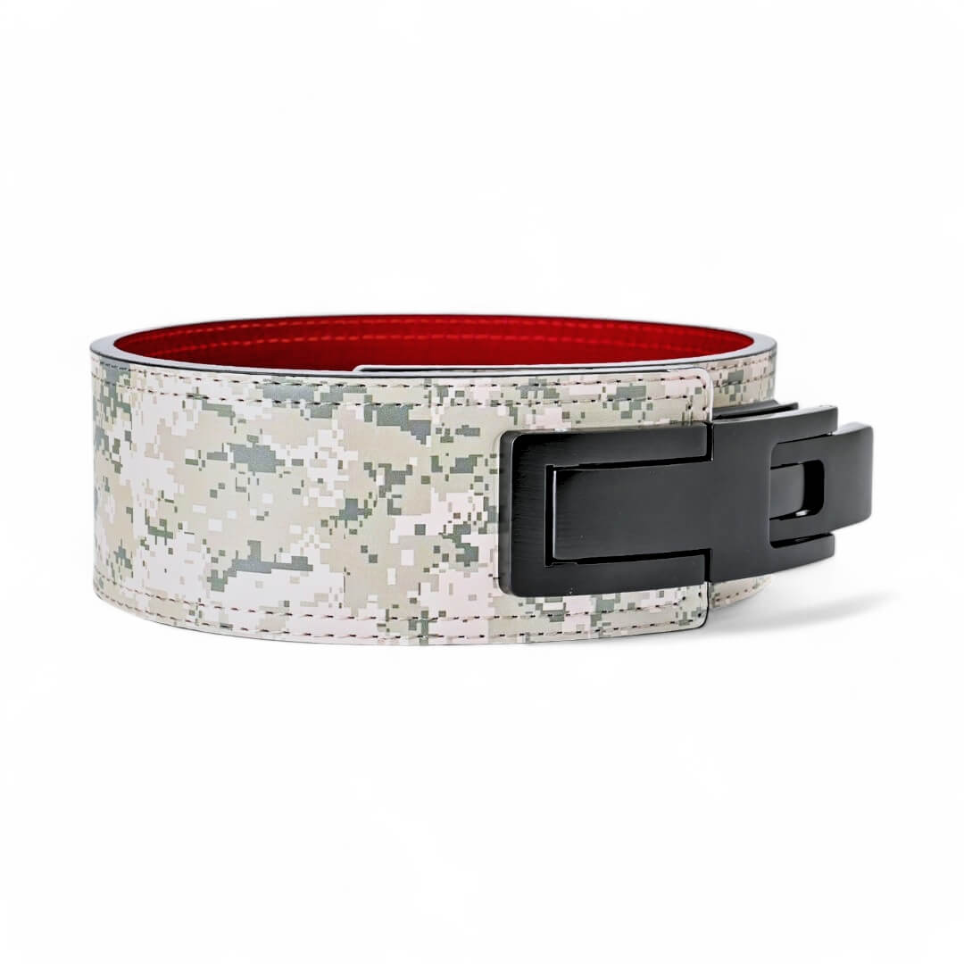 Side view of urban camo Weightlifting Belts on display with black lever buckle | Powerlifting belt featuring adjustable lever buckle. This belt offers superior support and a sleek black leather exterior with red suede interiors, perfect for powerlifting and serious weight training.