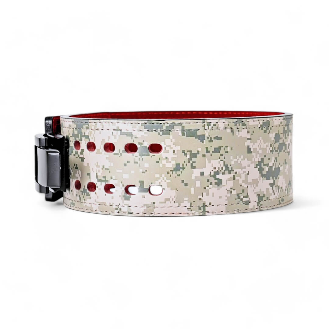 Alternate Side view of urban camo Weightlifting Belts on display with black lever buckle | Powerlifting belt featuring adjustable lever buckle. This belt offers superior support and a sleek black leather exterior with red suede interiors, perfect for powerlifting and serious weight training.