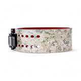 Alternate Side view of urban camo Weightlifting Belts on display with black lever buckle | Powerlifting belt featuring adjustable lever buckle. This belt offers superior support and a sleek black leather exterior with red suede interiors, perfect for powerlifting and serious weight training.