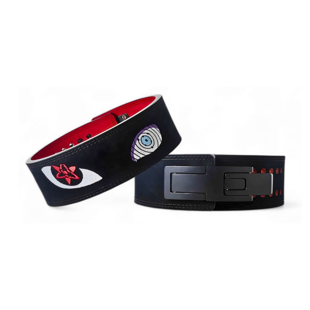 Naruto powerlifting belt showcasing vibrant anime artwork featuring Naruto and other characters. High-quality leather with durable construction, ideal for fitness enthusiasts and anime fans.