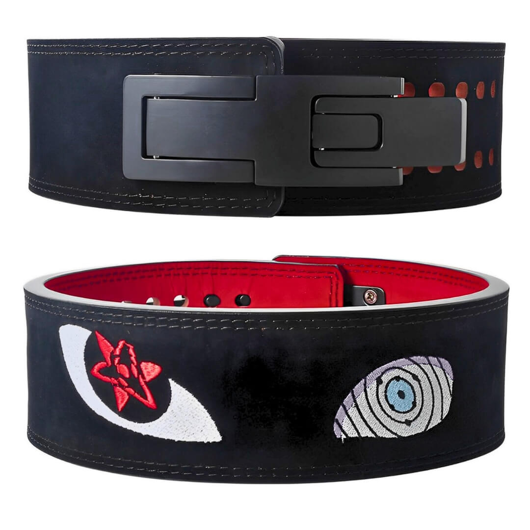 Naruto powerlifting belt showcasing vibrant anime artwork featuring Naruto and other characters. High-quality leather with durable construction, ideal for fitness enthusiasts and anime fans.