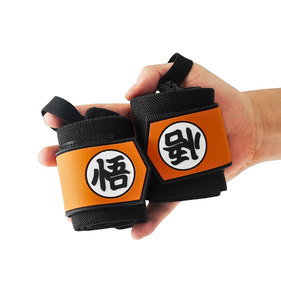 Dragonball Z wrist wraps displayed | orange anime wrist wraps inspired by DBZ for strength training such as powerlifting