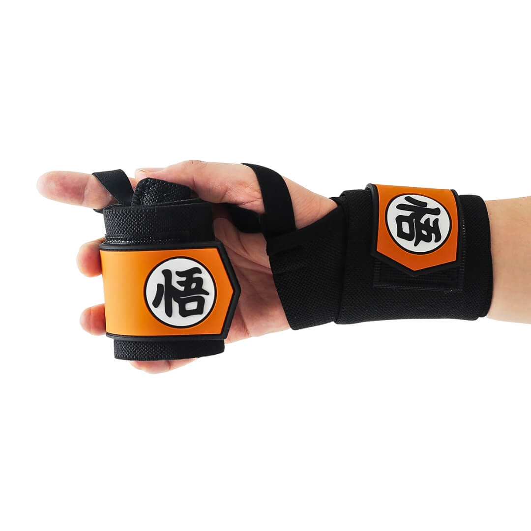 Closed up view of Dragonball Z wrist wraps | black anime wrist wraps inspired by DBZ for strength training such as powerlifting