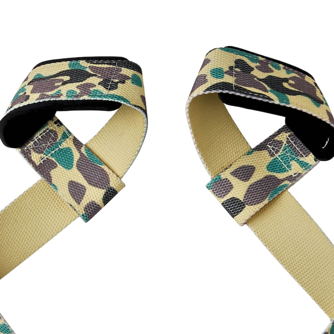 Closed up view of camo lifting straps | Camo lifting straps made from polycotton for powerlifting and weightlifting and strength sports such as deadlifts in the gym.