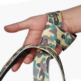 Model with camo lifting straps | Camo lifting straps made from polycotton for powerlifting and weightlifting and strength sports such as deadlifts in the gym.