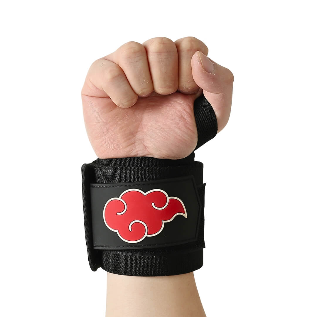 Showcasing the stiffer version of Akatsuki wrist wraps. Ideal for weight lifting, strength training, and more. Enjoy superior wrist protection and stability with Naruto-inspired gear.