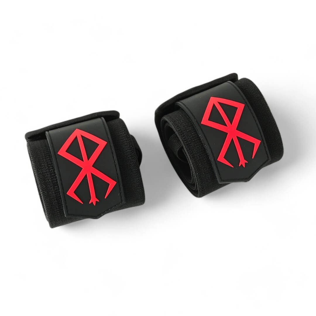 Close up Berserk's XTRA-STIFF Wrist Wraps. Perfect for anime fans and serious lifters, these wraps offer unmatched wrist stability and support for weightlifting, powerlifting, and strength training.