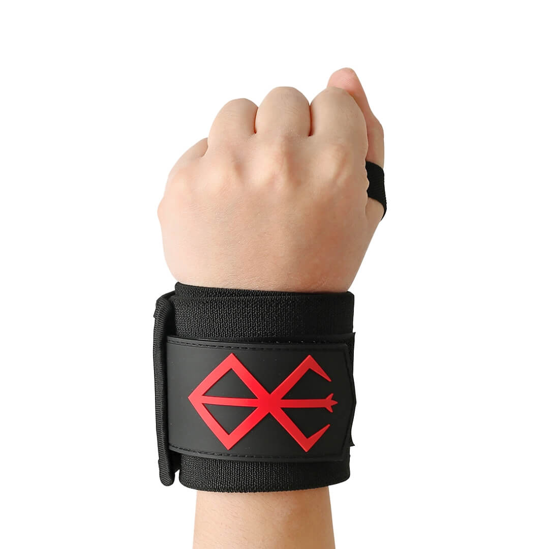 Close up Berserk's XTRA-STIFF Wrist Wraps. Perfect for anime fans and serious lifters, these wraps offer unmatched wrist stability and support for weightlifting, powerlifting, and strength training.