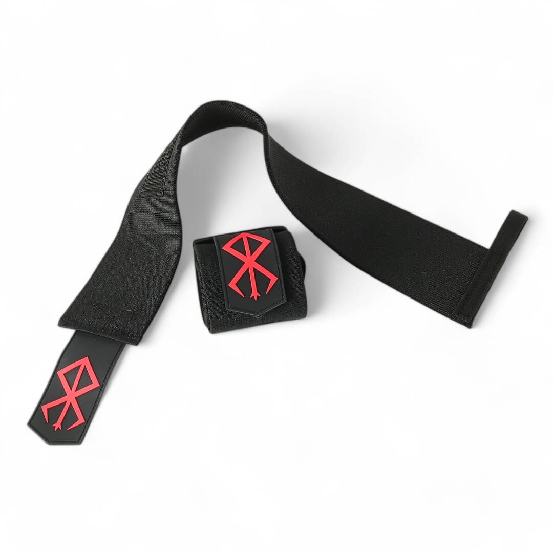 Close up Berserk's XTRA-STIFF Wrist Wraps. Perfect for anime fans and serious lifters, these wraps offer unmatched wrist stability and support for weightlifting, powerlifting, and strength training.