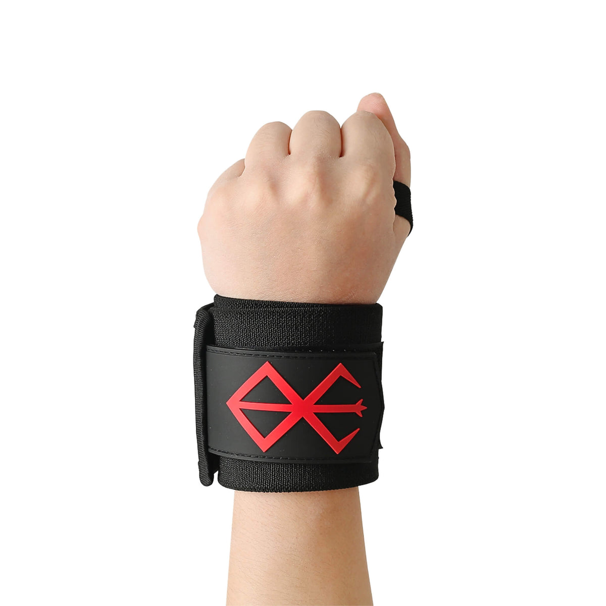 Close up Berserk's XTRA-STIFF Wrist Wraps. Perfect for anime fans and serious lifters, these wraps offer unmatched wrist stability and support for weightlifting, powerlifting, and strength training.