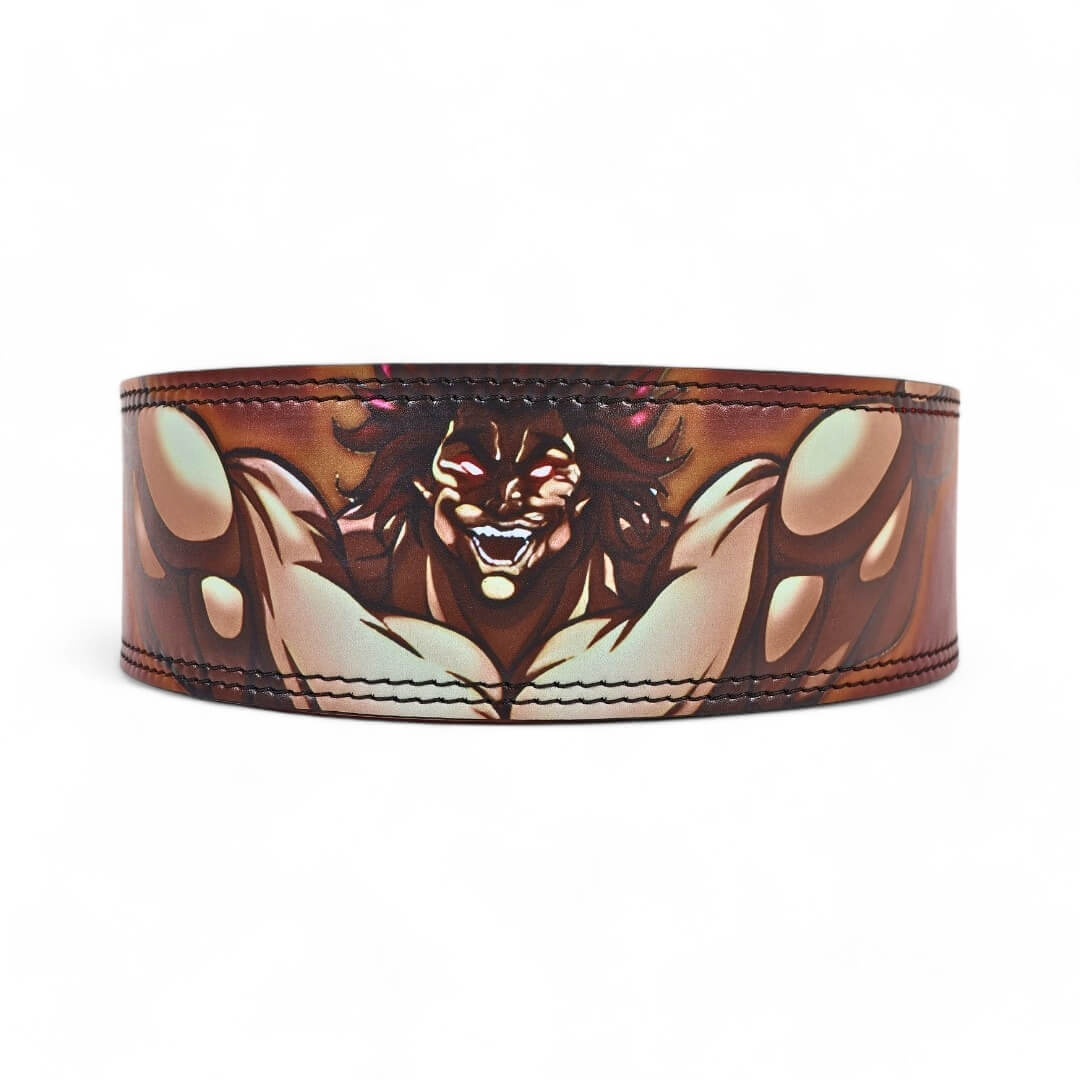 Rear design of the Yujiro Hanma Powerlifting Belt, featuring an intense illustration of Yujiro Hanma. The vivid colors and powerful imagery are complemented by double-stitched seams, ensuring both style and durability