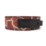 Detailed side view of the Yujiro Hanma Powerlifting Belt showcasing the intricate design and robust construction. The white lightning pattern over the brown leather signifies power and resilience, with the black buckle providing a secure fit.