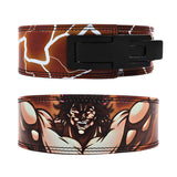 Front and back view of the Yujiro Hanma Powerlifting Belt highlighting the vibrant, detailed artwork of Yujiro Hanma. The belt's design features dynamic colors and bold lines, emphasizing strength and intensity for serious lifters