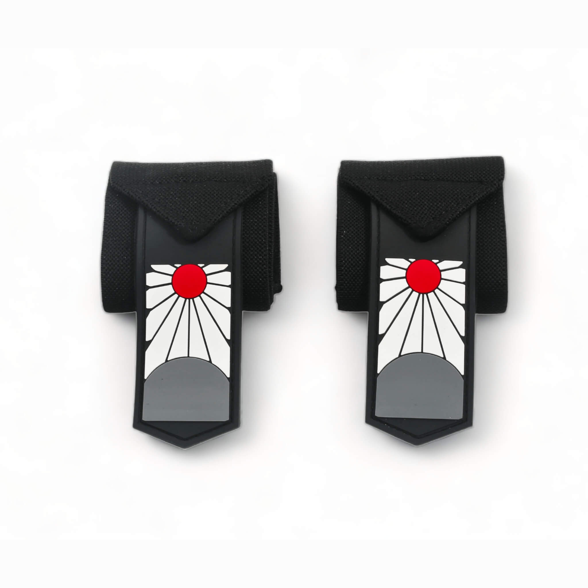 Pair of Hanafuda-inspired wrist wraps featuring a bold red sun and white rays on a black background, designed for strength training and weightlifting enthusiasts.